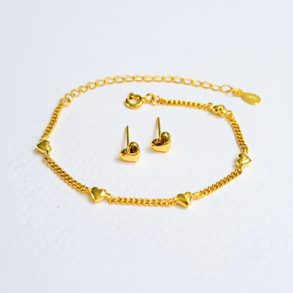 Hearts Bracelet and earrings jewellery set - 14ct Gold Plated