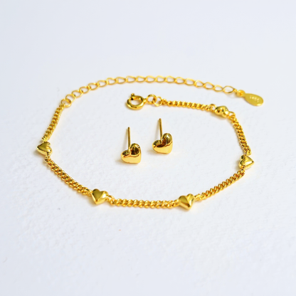 Hearts Bracelet and earrings jewellery set - 14ct Gold Plated