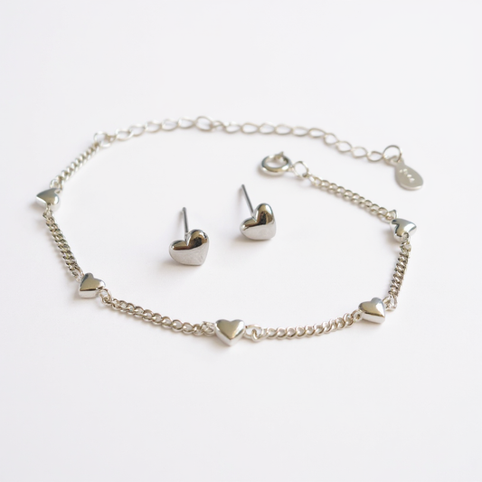 Hearts Bracelet and earrings jewellery set - 925 Sterling Silver